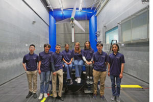 Members of the UTWind team in the wind tunnel at Delft University of Technology’s Open Jet Facility. Left to right: Robert Zhao (Year 3 Physics), Joeun Yook (Year 1 EngSci), Micheal Jing (Year 4 ChemE), Dhara Patel (Year 2 ElecE), Alexis Terefenko (Year 2 ElecE), Justin Ding (Year 2 MechE), Andre Li (Year 4 MechE), Alex Chen (Year 1 MSE) (photo by Niels Adema)