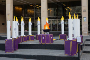 This student-built memorial on the front steps of U of T Engineering’s Galbraith Building commemorates the 35thanniversary of the École Polytechnique massacre, in which 14 women engineering students were murdered. It serves as a call to end gender-based violence. (photo by Tyler Irving)