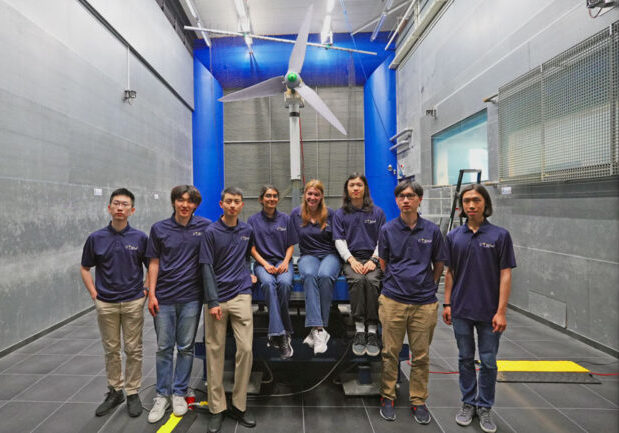 Members of the UTWind team in the wind tunnel at Delft University of Technology’s Open Jet Facility. Left to right: Robert Zhao (Year 3 Physics), Joeun Yook (Year 1 EngSci), Micheal Jing (Year 4 ChemE), Dhara Patel (Year 2 ElecE), Alexis Terefenko (Year 2 ElecE), Justin Ding (Year 2 MechE), Andre Li (Year 4 MechE), Alex Chen (Year 1 MSE) (photo by Niels Adema)